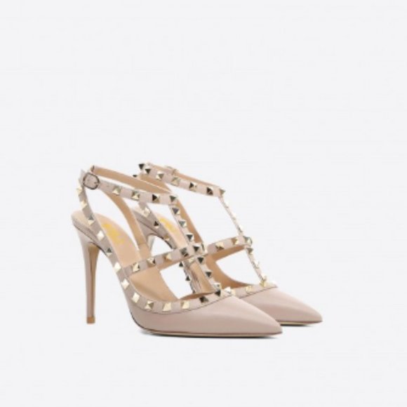 FSJ Nude Studs Shoes Slingback T Strap Stiletto - Picture 2 of 9